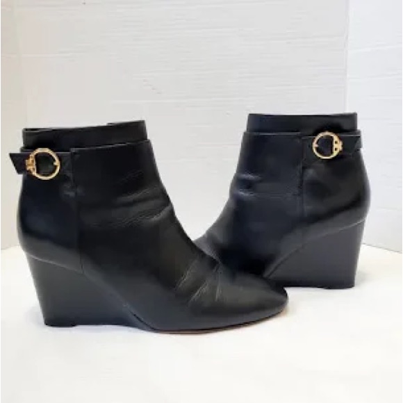 Tory Burch Sofia Wedge Heel Bootie Black Leather With Gold Logo
